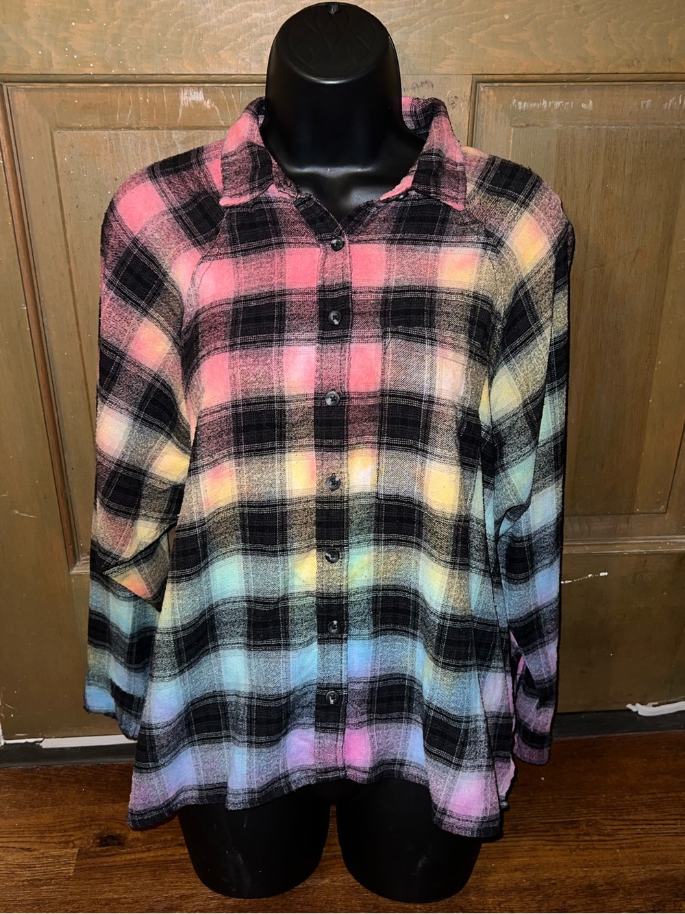 Oversized Flannel Rainbow Checkered Button Up Long Sleeve Casual Y2K Size S